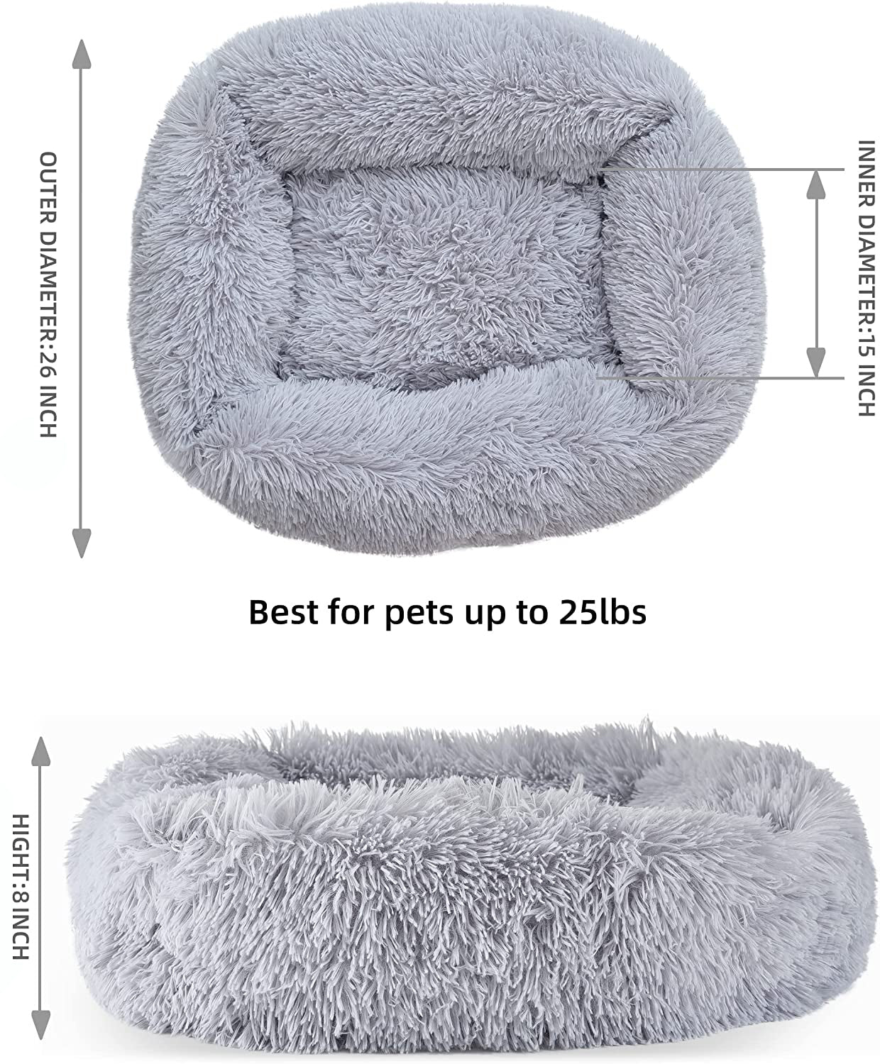 Cat Bed for Indoor Cats, Small Dog Beds for Small Dogs,Soft Long Plush Cushion Washable Puppy Bed,Self-Warming Square Cat Bed Anti-Slip Bottom Cushion (26 x 22 x 8 inch, Gray)
