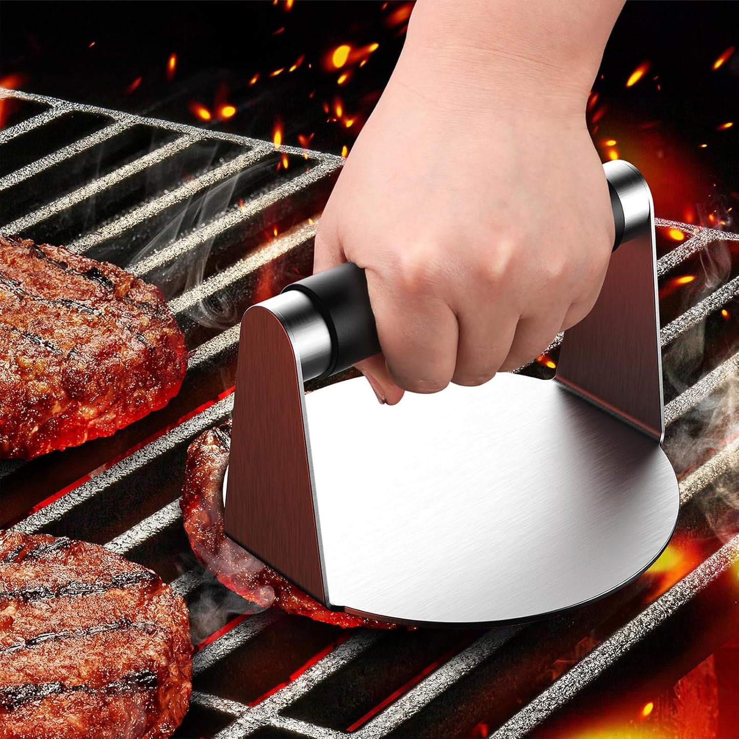 Burger Press for Griddle, Stainless Steel Burger Smasher, Grill Press for Flat Top Grill Cooking, 5.6 Inch Hamburger Smasher with Bottle Opener, Square Smashed Burger Press