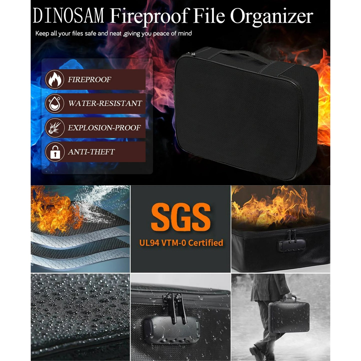 Fireproof Document Box,Fireproof Document Bag with Lock,3-Layer Important Document Organizer,Fire Proof/Waterproof Safe Bag for Money,Paperwork and Laptop,Travel Home Document Organizer,Black