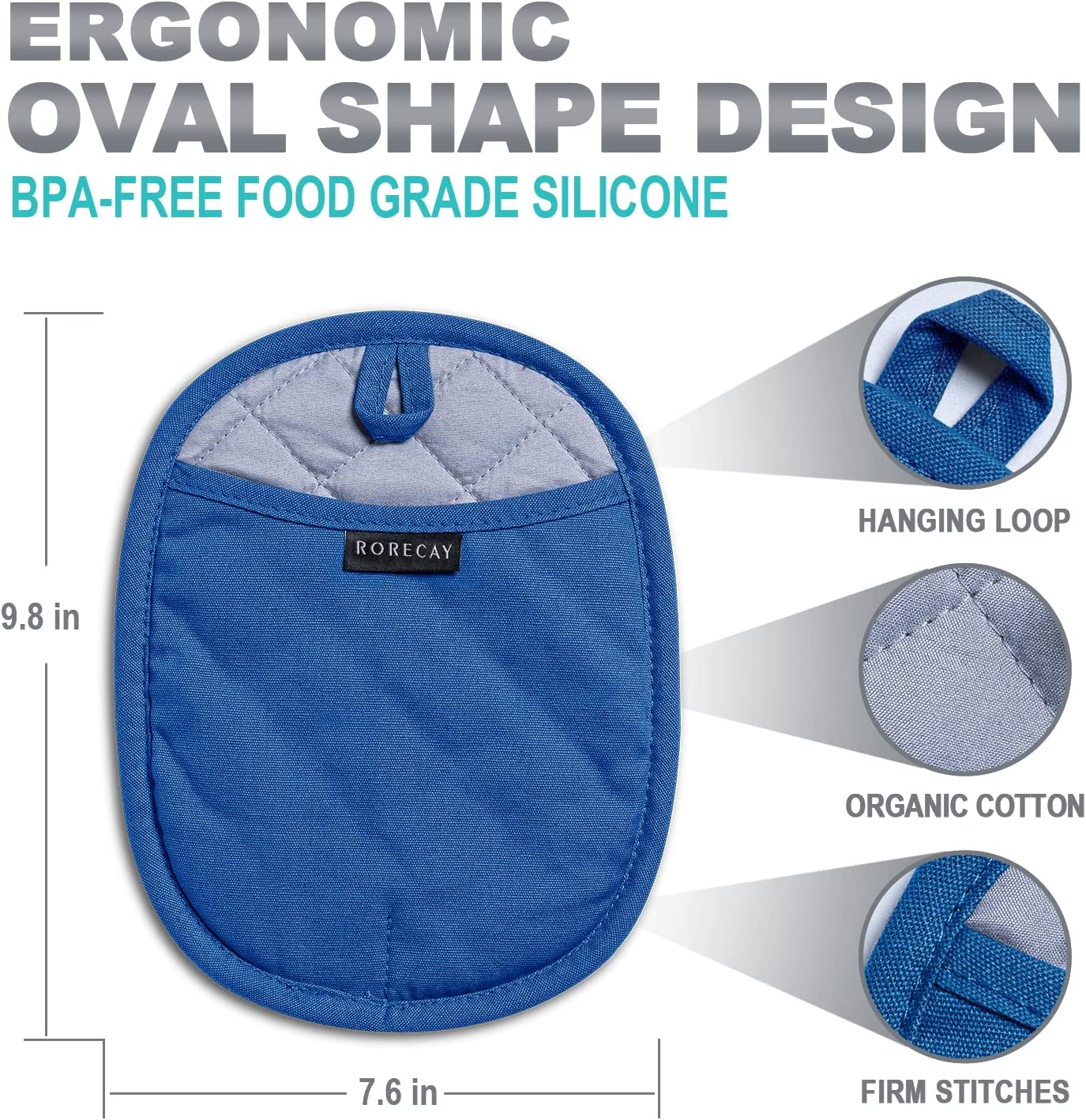 Silicone Pot Holders Sets: RORECAY Heat Resistant Oven Hot Pads with Pockets Non Slip Grip Large Potholders for Kitchen Baking Cooking | Quilted Liner | 9.8 x 7.6 Inches (RoyalBlue, 2)
