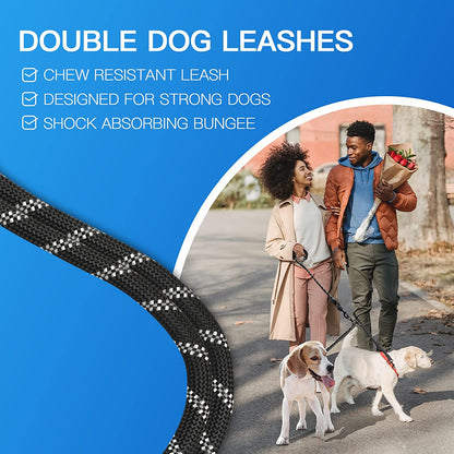 Double Dog Leash for 2 Dogs, Dual Dog Training Leash, Dinosam 360 Swivel No Tangle Walking Two Dog Leash for Dog Training, Shock Absorbing Bungee Double Leash for 2 Dogs, Black (25-150 lbs)