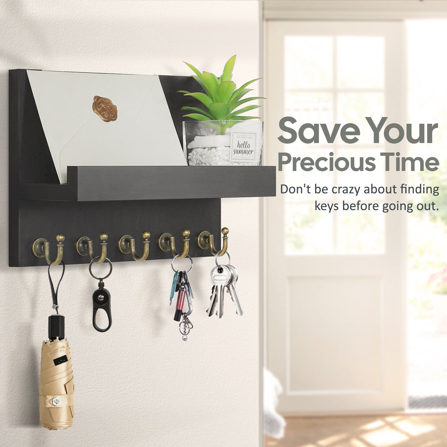 Key Holder for Wall, Dinosam Mail Organizer Wall Mount with 5 Key Hook and Mail Holder, Designer Key Rack Suitable for Entryway, Hallway, Bedroom, Living Room and Office,Black