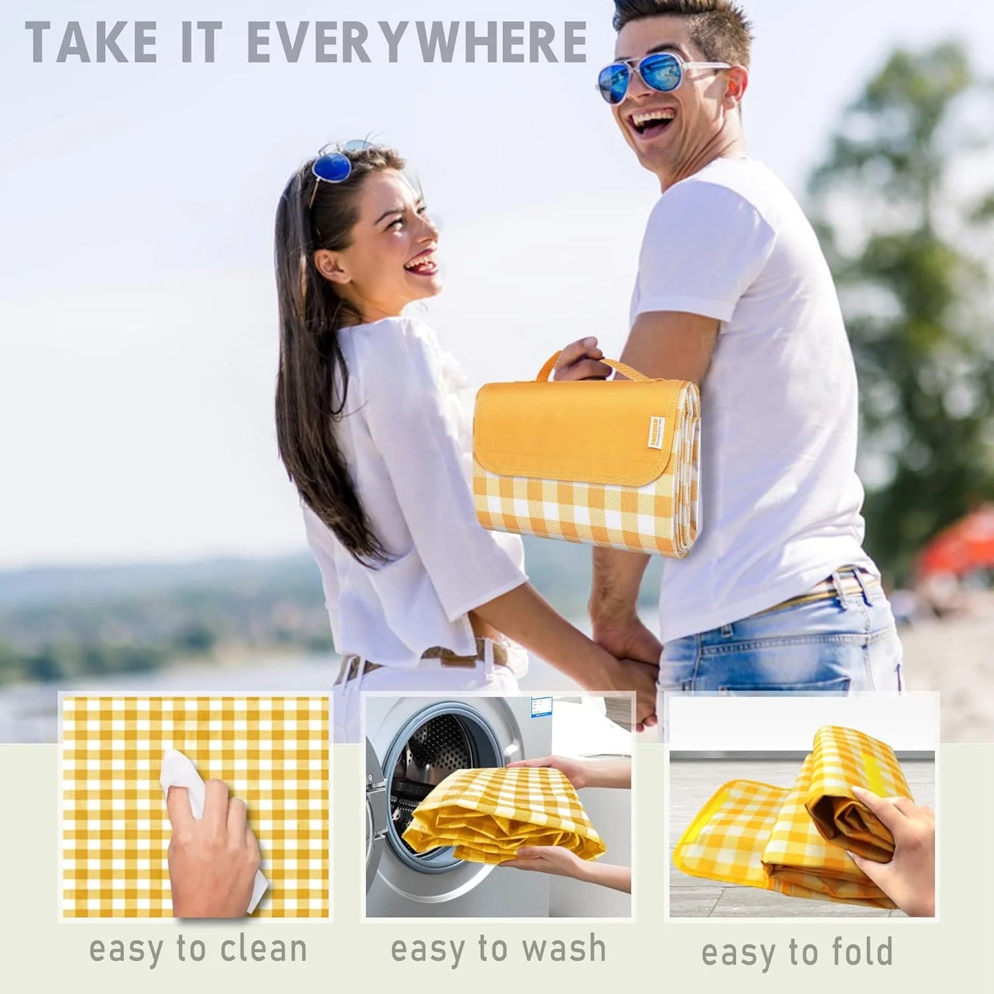 Picnic Blanket Handy Mat Tote Waterproof Sandproof Padding Portable Plaid Blanket for Lawn Park Beach Travel Yellow