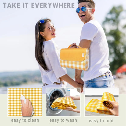 Picnic Blanket Handy Mat Tote Waterproof Sandproof Padding Portable Plaid Blanket for Lawn Park Beach Travel Yellow