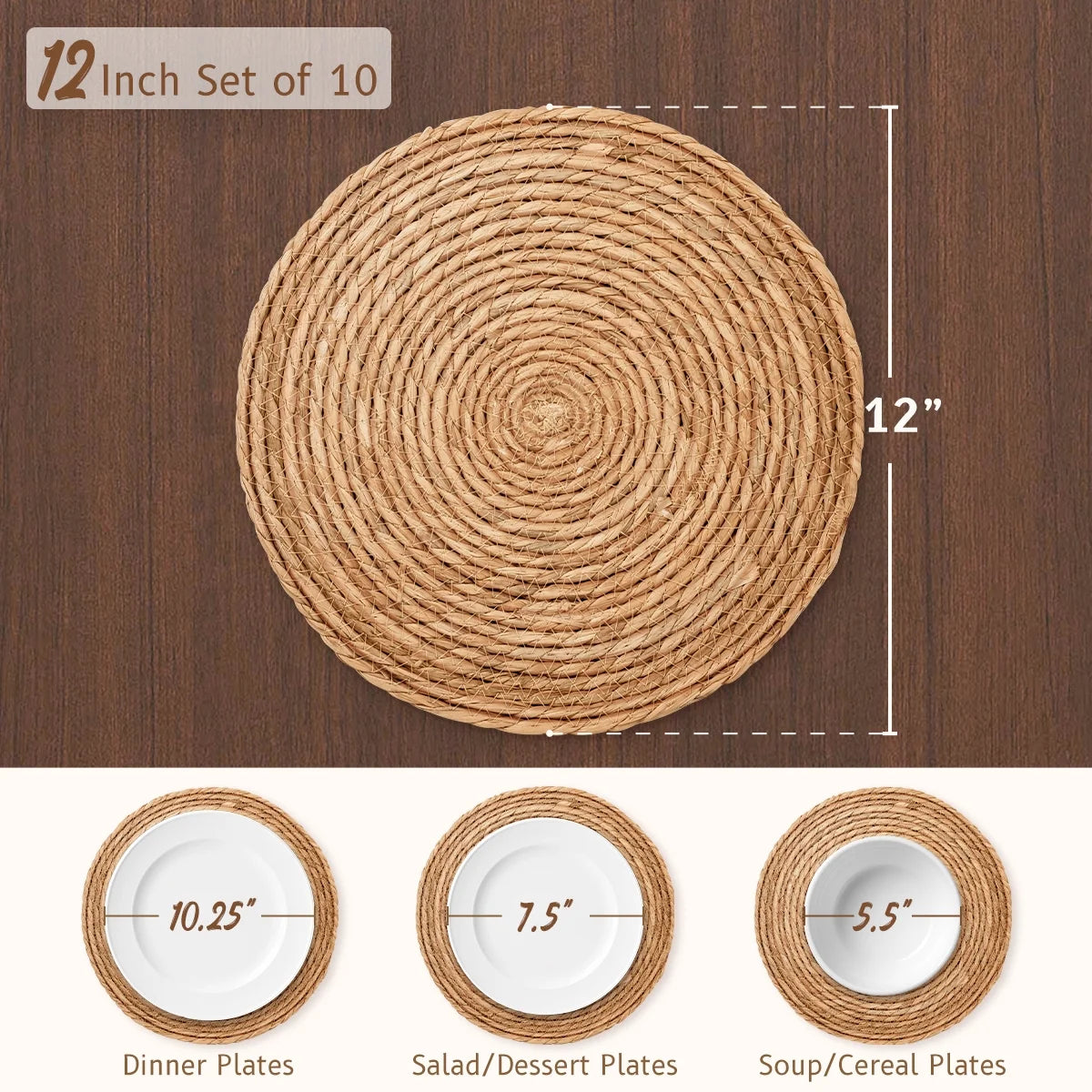 Round Woven Placemats Set of 10, 13 Inch Boho Farmhouse Rustic Woven Place Mats for Dining Table Decor, Rattan Wicker Table Mats Chargers for Dinner Plates