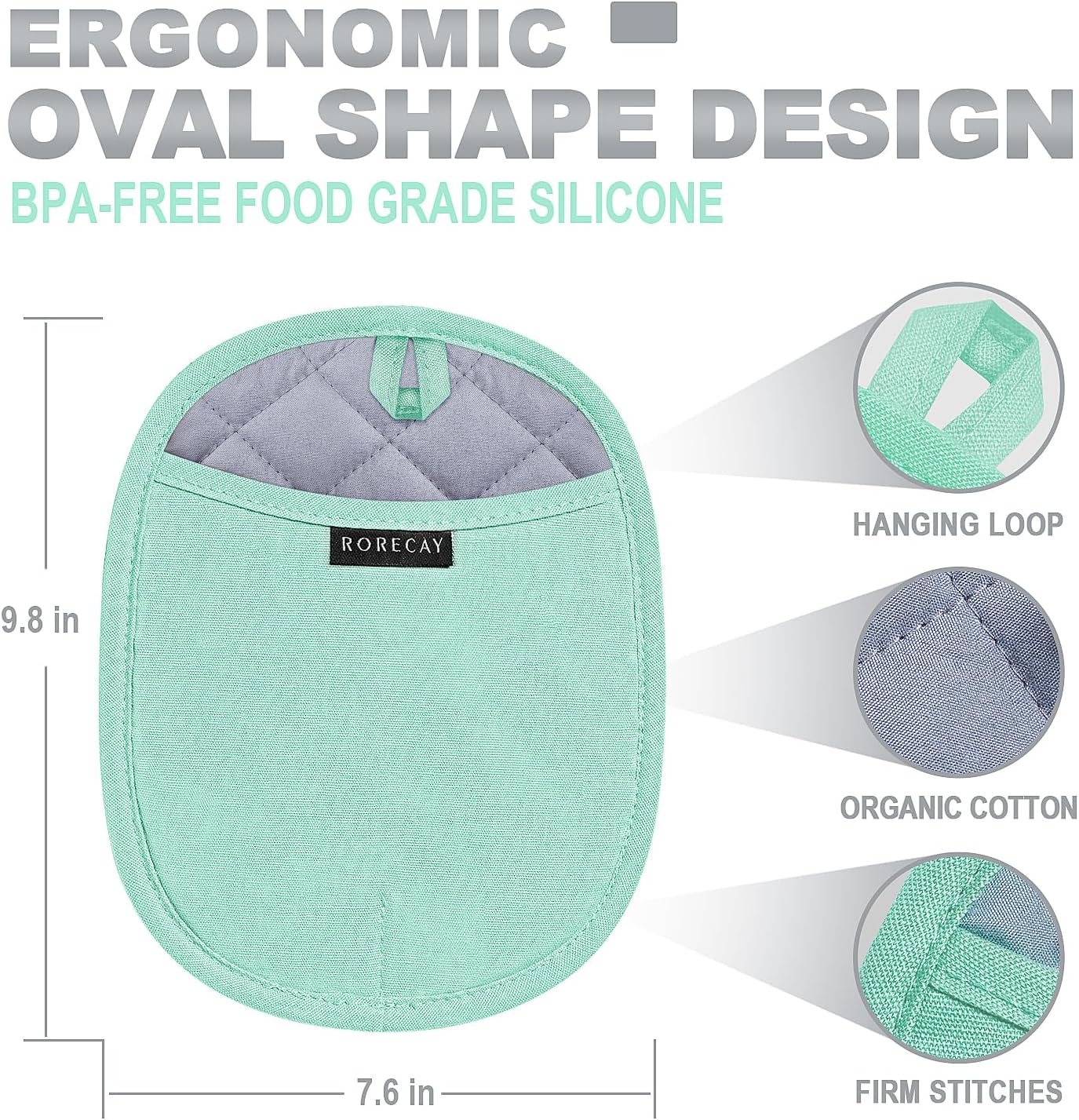 Silicone Pot Holders Sets: Heat Resistant Oven Hot Pads with Pockets Non Slip Grip Large Potholders for Kitchen Baking Cooking | Quilted Liner | 9.8 x 7.6 Inches (2, Bermuda Teal)