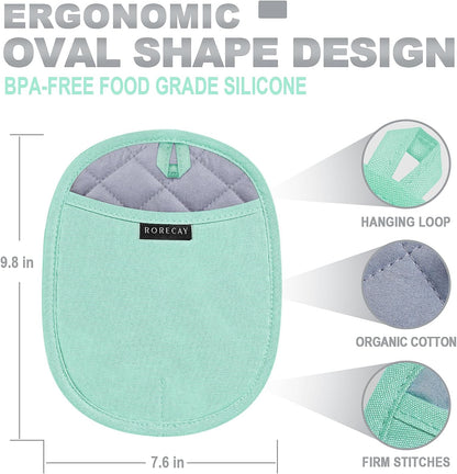 Silicone Pot Holders Sets: Heat Resistant Oven Hot Pads with Pockets Non Slip Grip Large Potholders for Kitchen Baking Cooking | Quilted Liner | 9.8 x 7.6 Inches (2, Bermuda Teal)