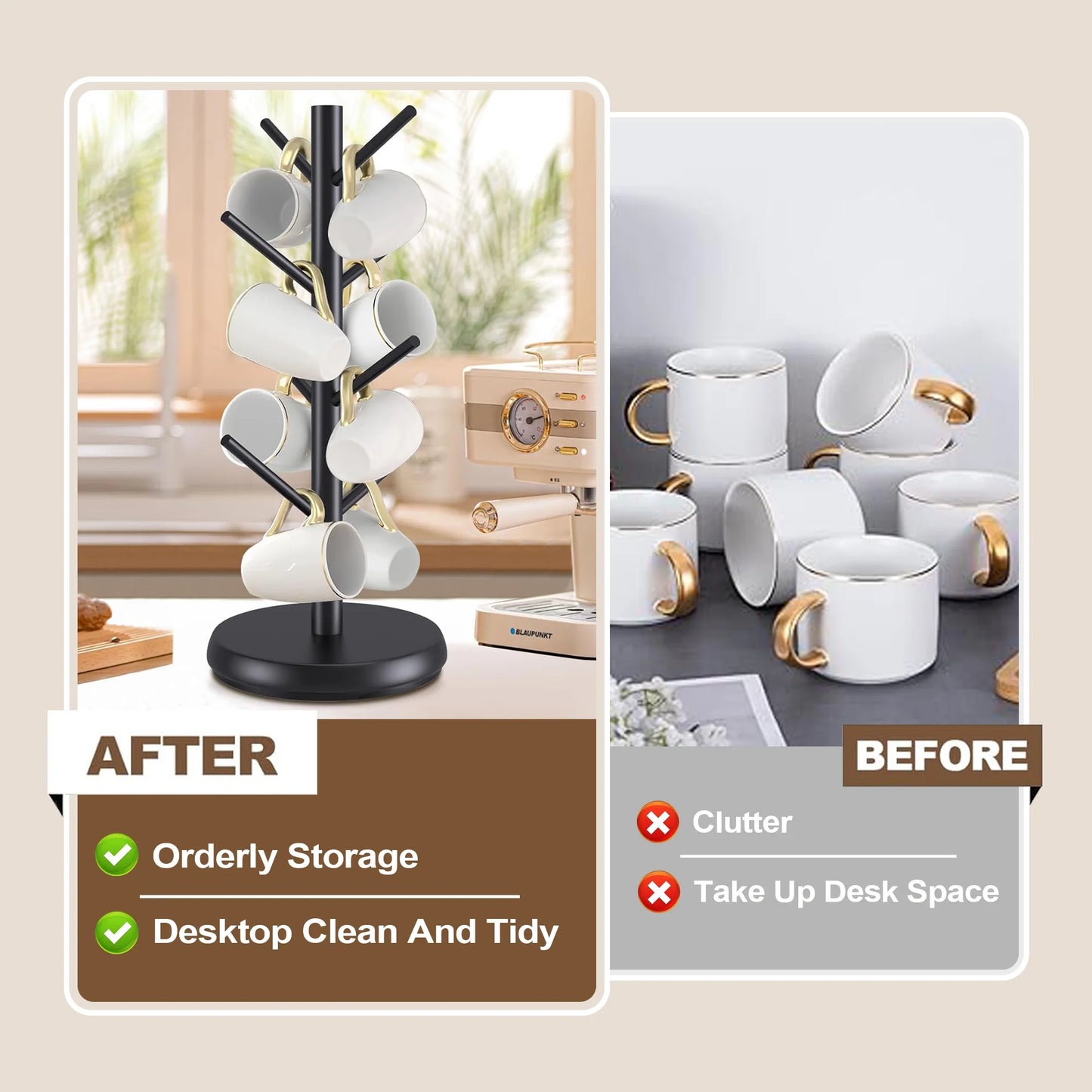 Mug Holder Tree, Domaci 360° Rotated 8 Hooks Coffee Cup Holder for Counter,Wood Coffee Mug Rack Standing for Coffee Bar Accessories and Kitchen Home Organizer (Black)