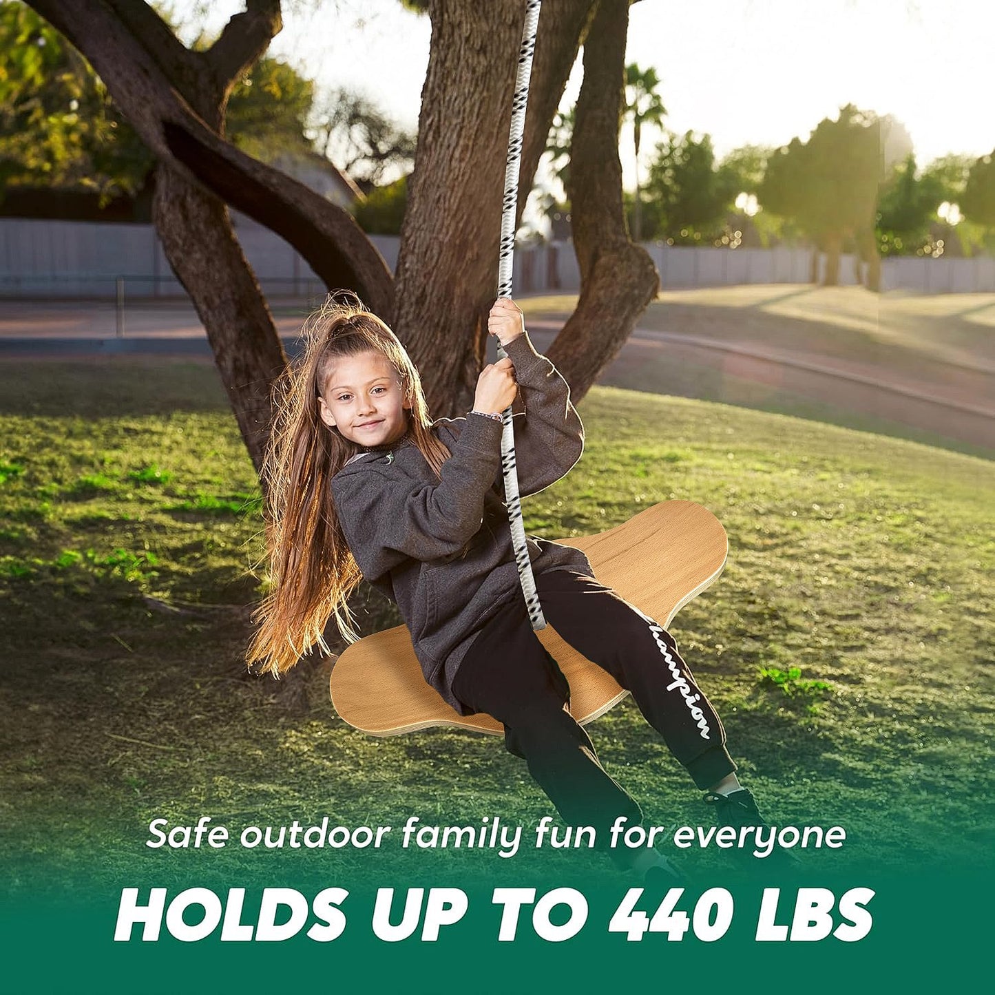 Tree Swing for Kids Swing,Wooden Backyard Swinging Toy for Kids Ages 4 and Up, Holds up to 440 Pounds - Includes 18" Curved Seat Swing with Heavy Duty Braided Rope, Brown