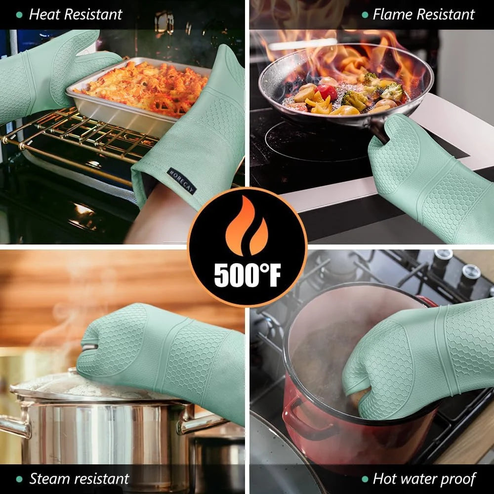 Extra Long Oven Mitts and Pot Holders Sets, RORECAY Heat Resistant Silicone Oven Mittens with Mini Oven Gloves and Hot Pads Potholders for Kitchen Baking Cooking, Quilted Liner, Bermuda Teal, Pack of 6