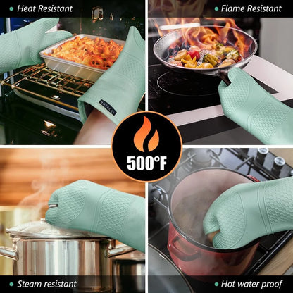 Extra Long Oven Mitts and Pot Holders Sets, RORECAY Heat Resistant Silicone Oven Mittens with Mini Oven Gloves and Hot Pads Potholders for Kitchen Baking Cooking, Quilted Liner, Bermuda Teal, Pack of 6