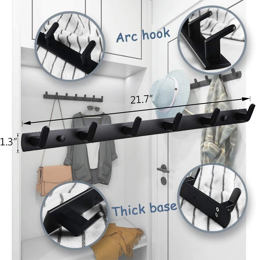 Coat Rack Wall Mount with 6 Wall Hooks, Black Coat Hangers for Wall, Dinosam Wall Mounted Modern Aluminum Coat Hooks Hat Hooks Suitable for Living Room Entrance, Bedroom, Kitchen, Bathroom