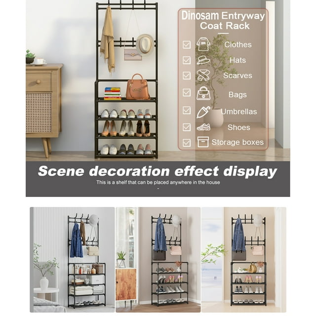 Coat Rack,Hall Tree with Bench and Shoe Storage for Entryway Bench,Coat Tree with 4-Tier Shoe Rack Organizer, 8 Removable Hooks, Black