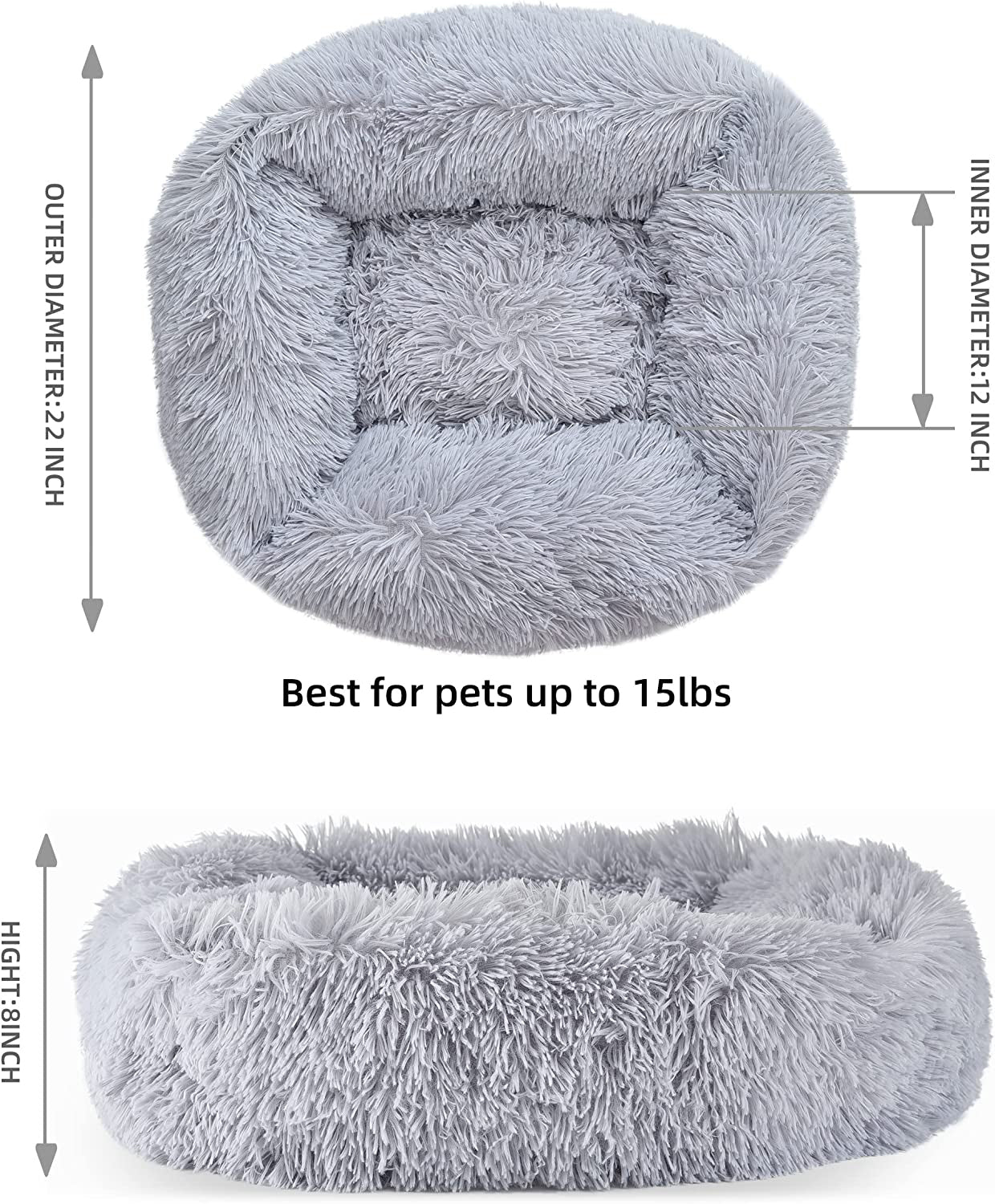 Pet Bed Cat Bed for Indoor Cats Dogs Bed,Dinosam Soft Long Plush Cushion Washable Dog Bed for Small Dogs,Self-Warming Square Cat Bed Anti-Slip Bottom Cushion (22 x 18 x 8 inch, Gray)