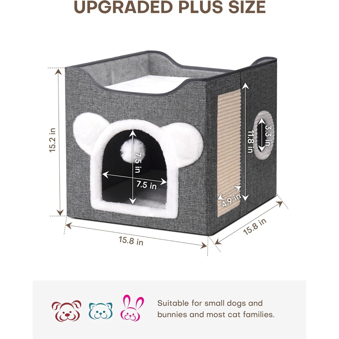 Cat Houses for Indoor Cats,Large Cat Cave with Fluffy Ball and Scratch Pad, Covered Cat Bed House, Foldable Cat Hideaway, 15.8”x15.8”x15.2”