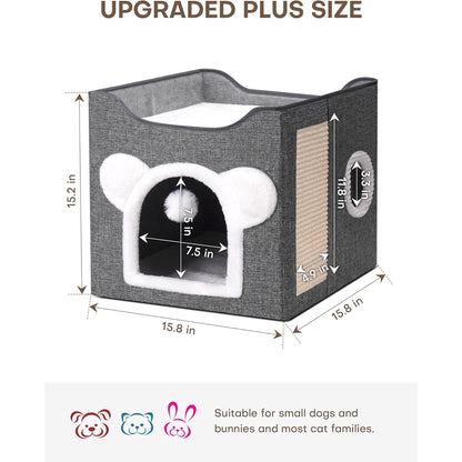 Cat Houses for Indoor Cats,Large Cat Cave with Fluffy Ball and Scratch Pad, Covered Cat Bed House, Foldable Cat Hideaway, 15.8”x15.8”x15.2”