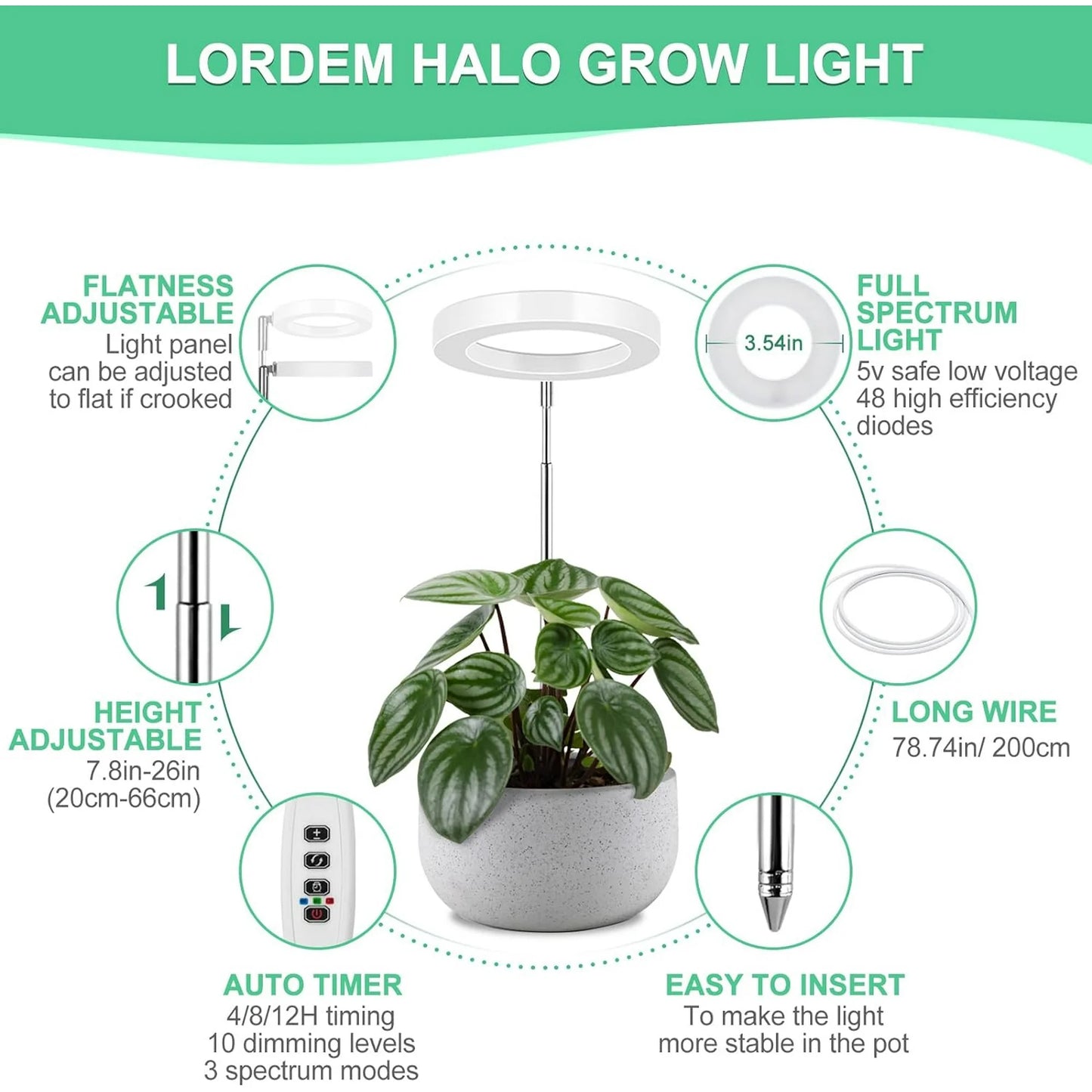 Grow Light for Indoor Plants Growing,Full Spectrum Halo Plant Lamp for Seedlings Succulents Small Mini Plants, 3 Colors Spectrum Changeable & Auto On Off Timer 3/9/12Hrs (2 Pack)
