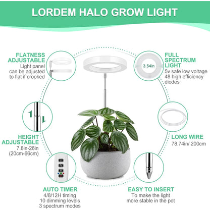 Grow Light for Indoor Plants Growing,Full Spectrum Halo Plant Lamp for Seedlings Succulents Small Mini Plants, 3 Colors Spectrum Changeable & Auto On Off Timer 3/9/12Hrs (2 Pack)