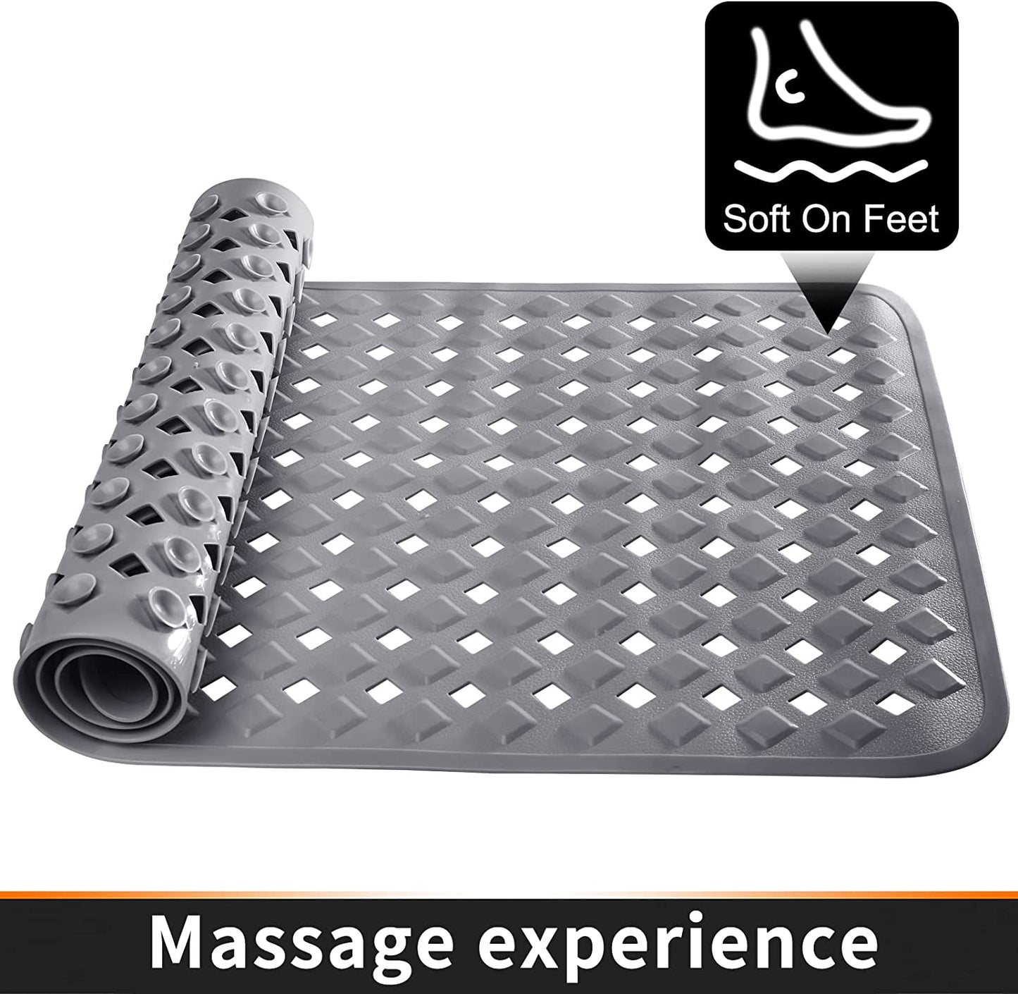 Bath Tub Mat Bath Mat for Tub Shower Mat Dinosam Bathtub Mat Non Slip 16 x 35 Extra Long Rubber Bath Mat, Suction Cups, Drain Holes, Machine Washable Bathroom Mat,Gray