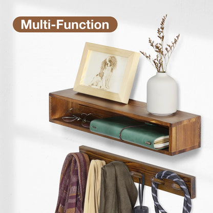 Coat Rack Wall Mount with Shelf, Domaci Entryway Floating Shelf with 6 Hooks, Wood Coat Hangers for Entryway, Living Room, Bedroom, Brown