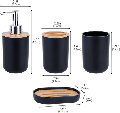 Bathroom Accessory Set, 4 Packs Dinosam Bamboo Waterproof Gift Set Plastic Toothbrush Cup Lotion Dispenser Soap Box Tooth Mug Modern Style for Home Hotel