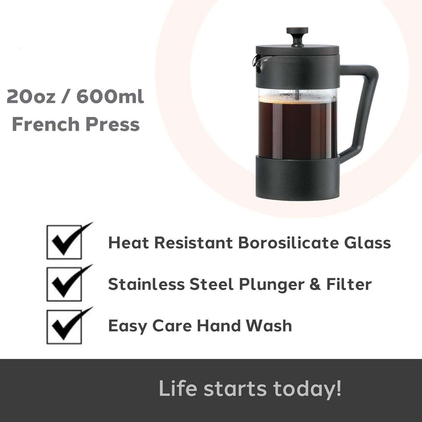 21 Ounce French Press Coffee Maker, 4-Cup Espresso Coffee Maker, Grey Cold Brew Heat Resistant Thickened Borosilicate Coffee Pot with 3 Stainless Steel Filtration System