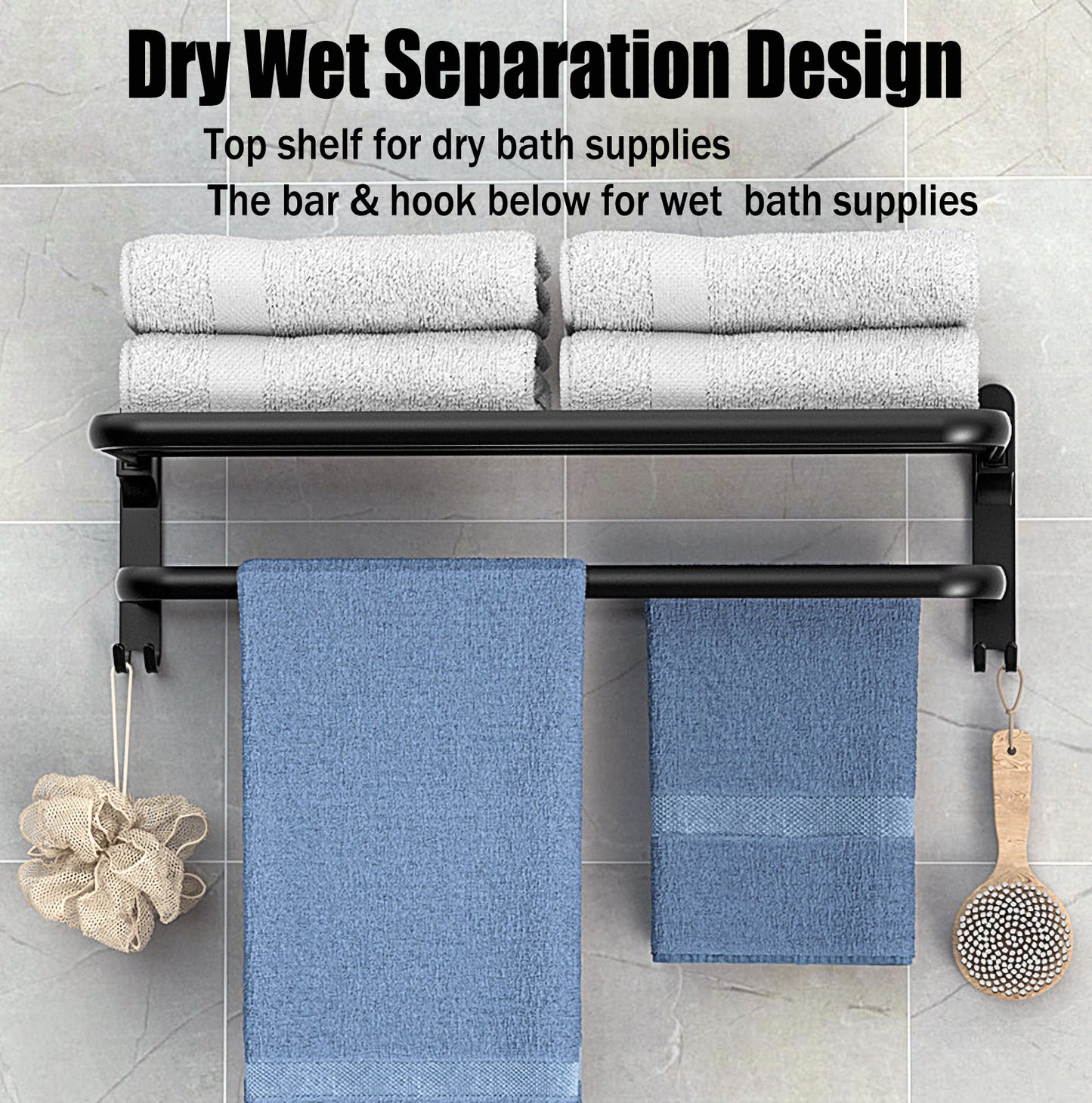 Bathroom Towel Rack Towel Shelf with Double Towel Bars Lavatory Wall Mount Holder with Hooks Stainless Steel Hotel Bath Rack (Matte Black 20 inches)