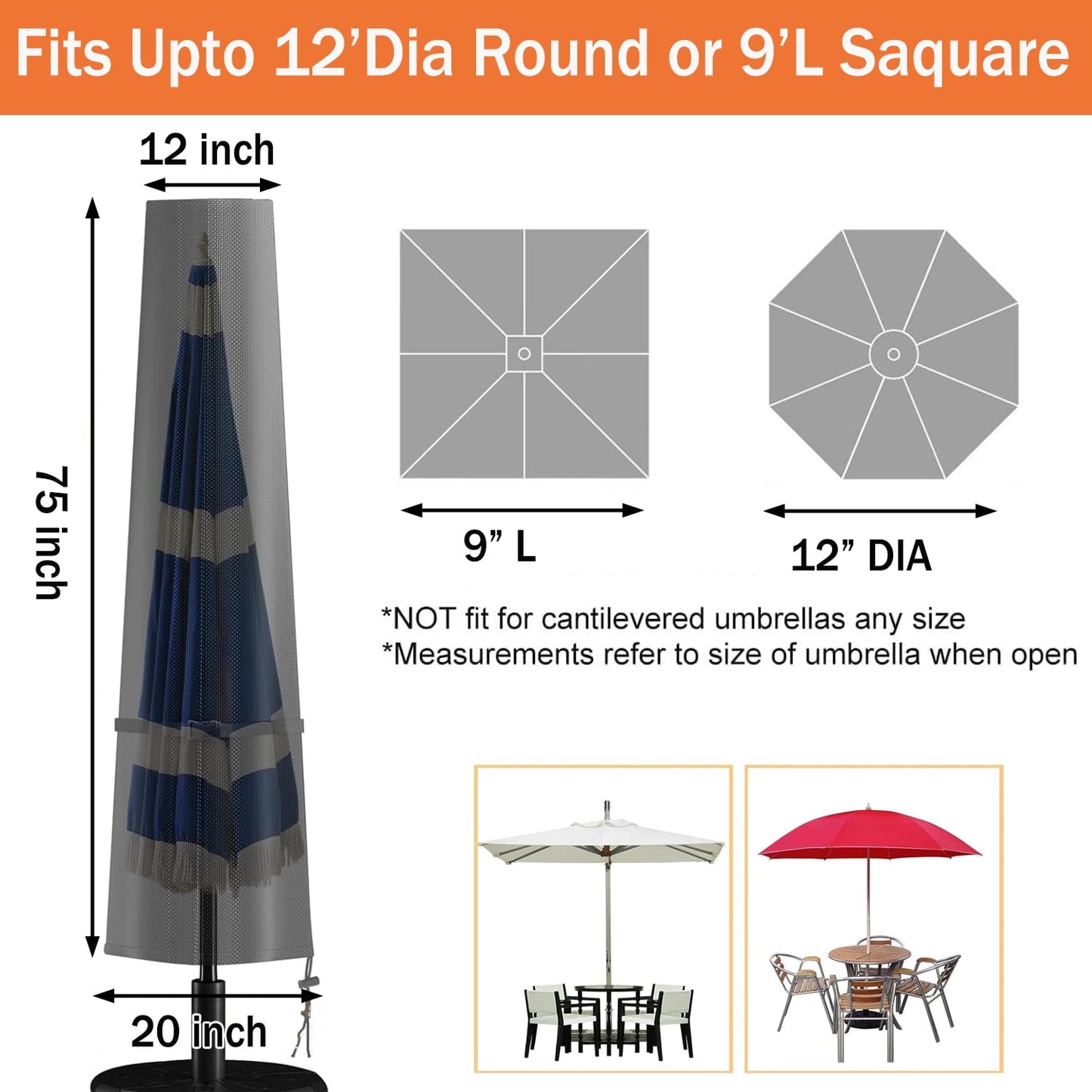 Patio Umbrella Cover Outdoor Umbrellas Cover with Zipper for 9ft to 12ft Offset Umbrella,with Protective Umbrella Cover Bag,75"x20"x12"
