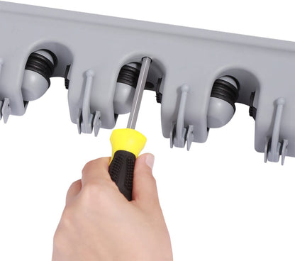 Mop Broom Holder Wall Mount, Plastic Broom Organizer Wall Mount, Organizations and Storage with Hooks Heavy Duty, Garden Kitchen Tool Organizer for Home Cleaning Supplies (4 Positions, 5 Hooks)