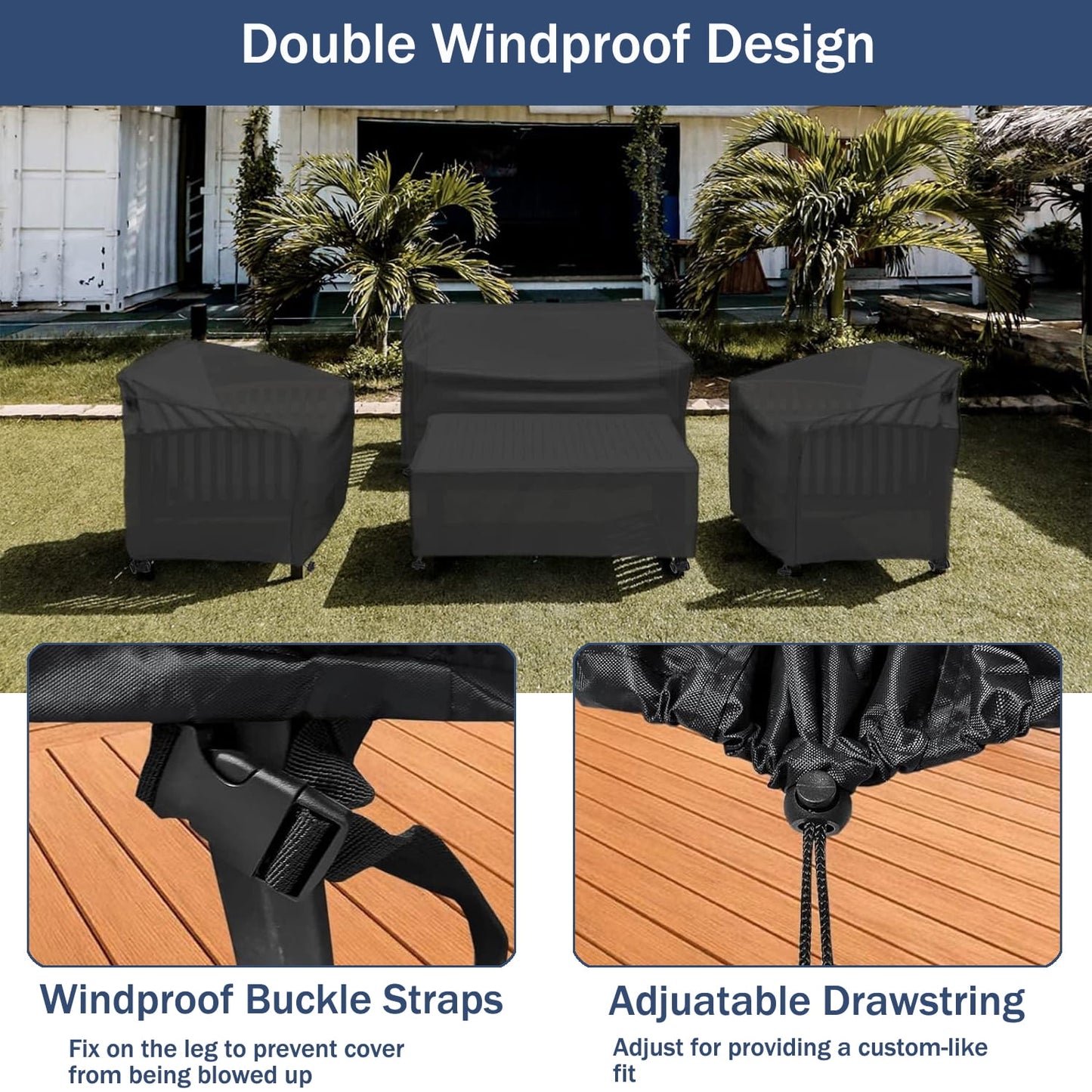 Patio Furniture Covers for Winter, 4 Piece Outdoor Furniture Covers Waterproof, 420D Heavy Duty Tear-Resistant Patio Chair Covers with Windproof Buckle Strap and Adjustable Drawstring