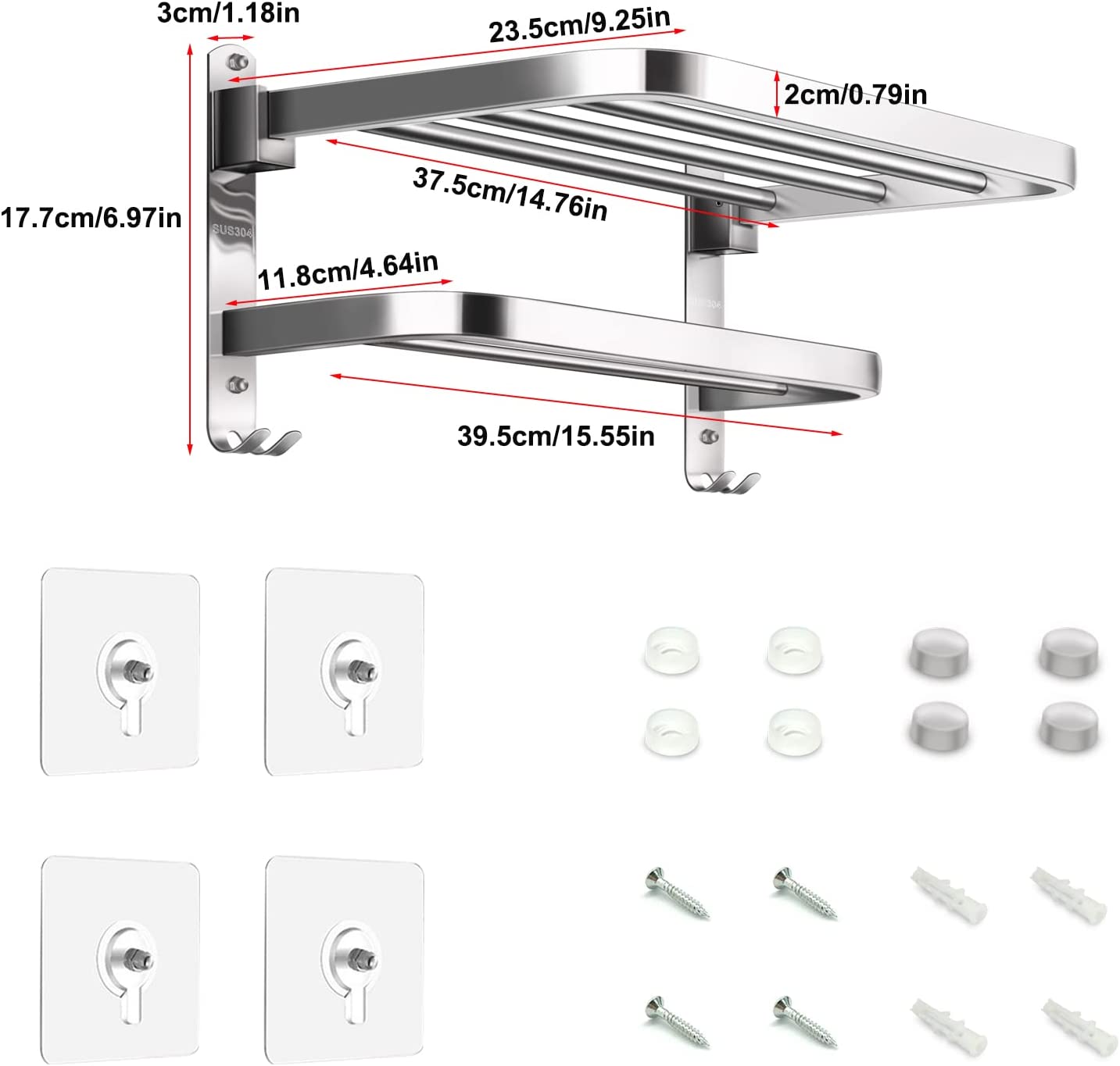 Towel Rack for Bathroom with Towel Bar,16in Bathroom Towel Holder for Bathroom Wall Mounted,Dinosam Foldable Bathroom Towel Rack with 1 Shelf 304 Stainless Towel Bar,Polished Silver