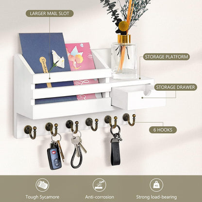 Key Holder for Wall,Dinosam Mail Organizer Wall Mount with Drawer,Mail Holder Shelf and 6 Sturdy Hooks,Hanging Key Rack Hanger for Entryway, Hallway, Bedroom, Living Room and Office，White