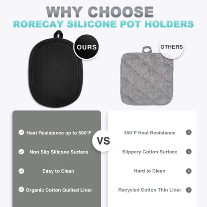 Pot Holders Sets of 2, Silicone Hot Pads for Kitchen,Heat Resistant Oven Mitts Pads with Pockets Non Slip Grip, Large Potholders,Trivets for Cooking, Baking,Black
