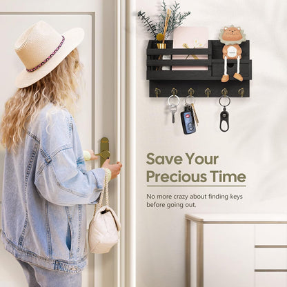 Key Holder for Wall,Dinosam Mail Organizer Wall Mount with Drawer,Mail Holder Shelf and 6 Sturdy Hooks,Hanging Key Rack Hanger for Entryway, Hallway, Bedroom, Living Room and Office，Black