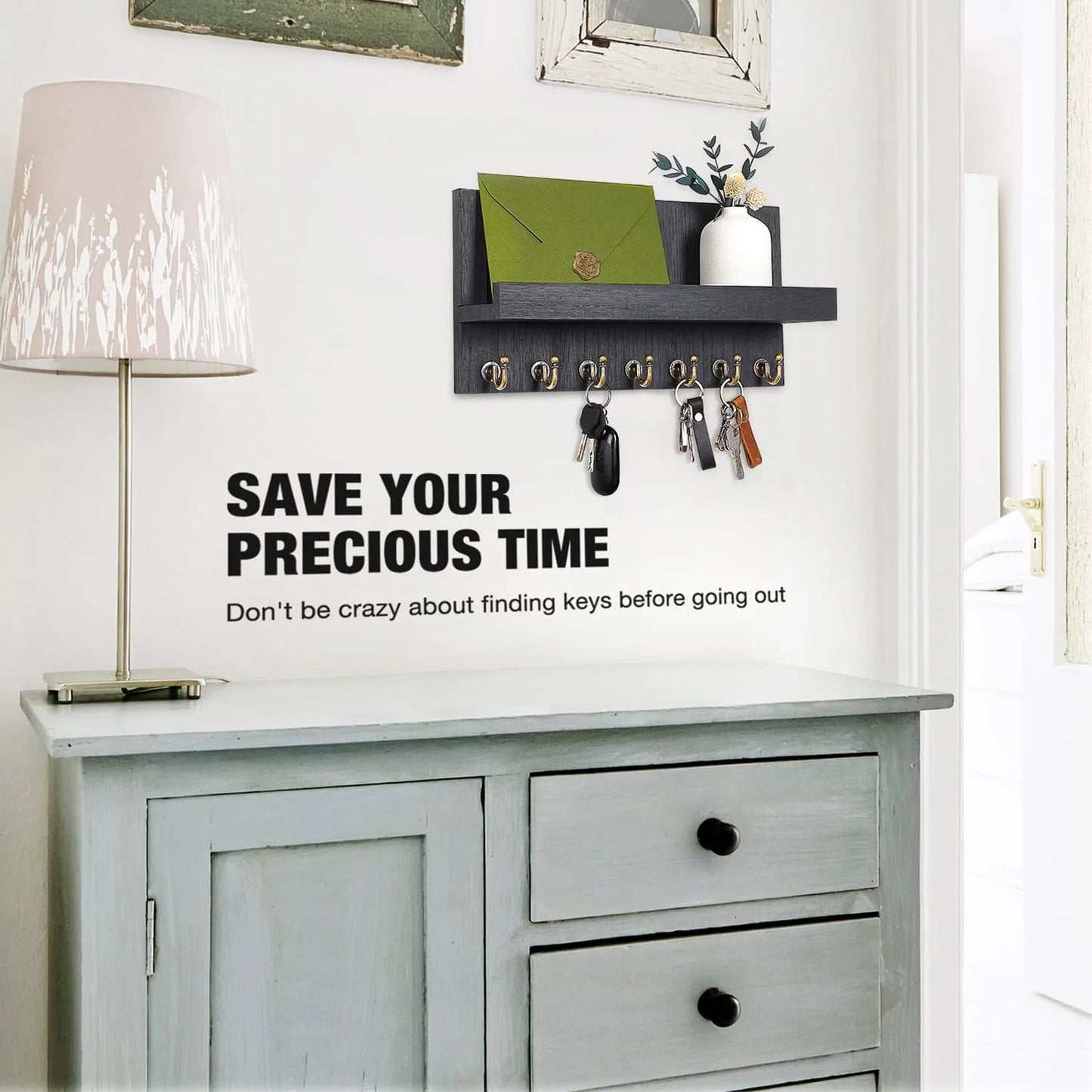 Key Holder for Wall, Dinosam Mail Organizer Wall Mount with 7 Sturdy Key Hooks and Mail Holder Shelf, Key Organizer Key Rack Entryway Wall Decor, Black