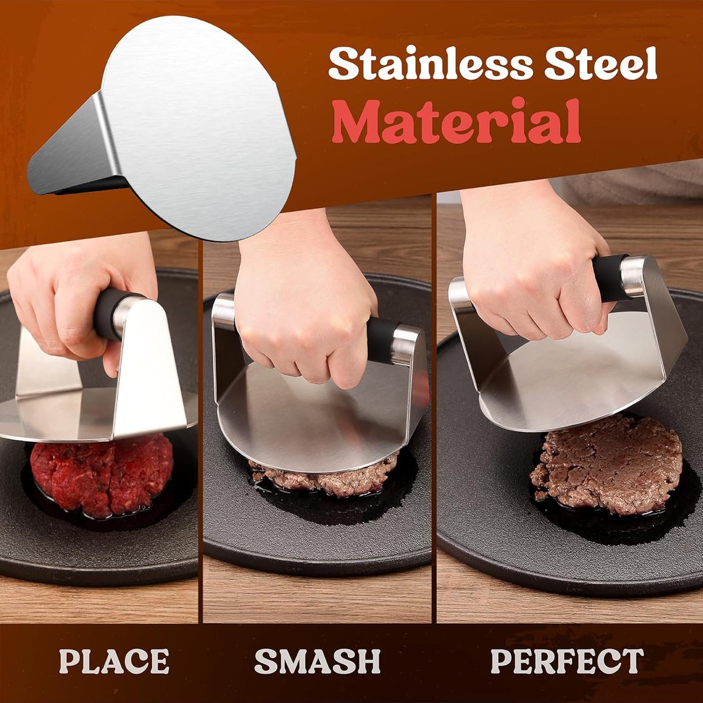 Burger Press for Griddle, Stainless Steel Burger Smasher, Grill Press for Flat Top Grill Cooking, 5.6 Inch Hamburger Smasher with Bottle Opener, Square Smashed Burger Press
