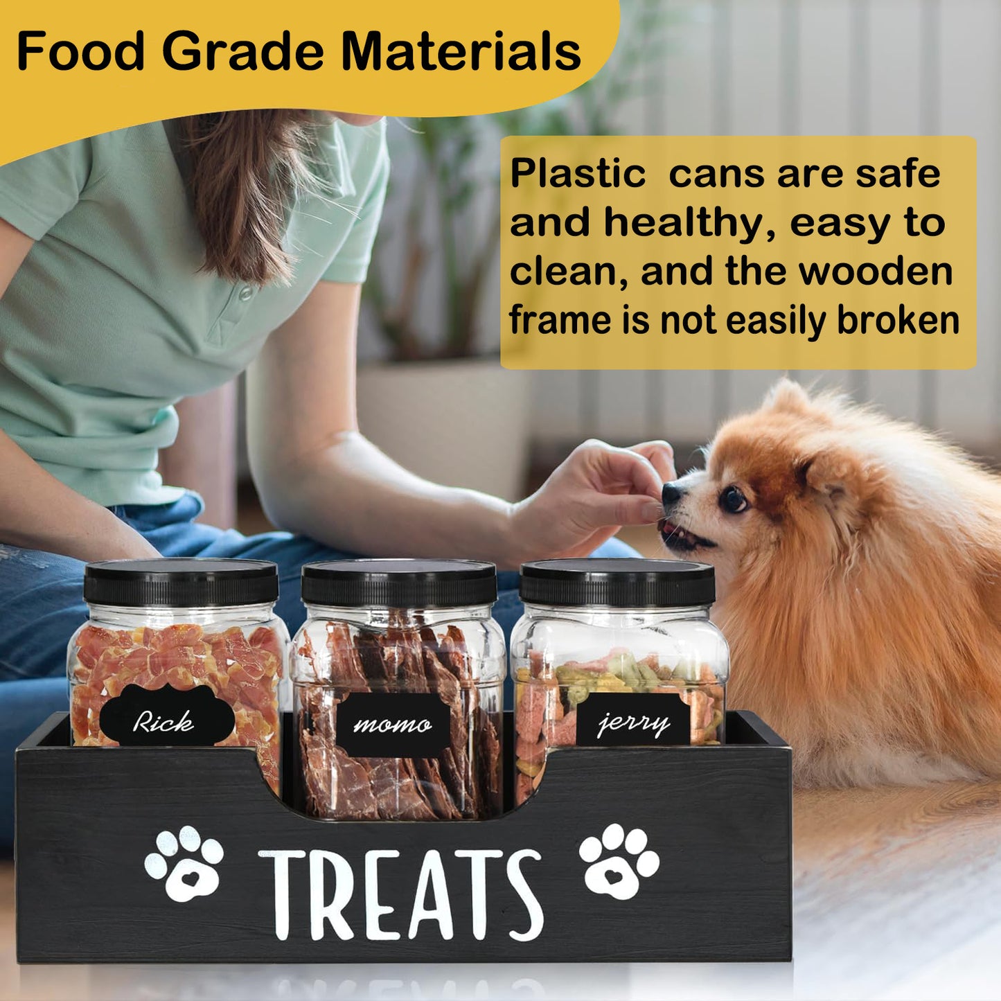 Dog Treat Container with 3 Plastic Dog Treat Jar, Dog Food Storage Container with Wooden Stand, Airtight Pet Food Storage Containers for Dogs and Cats, Dog Snacks Treat Organizer for Kitchen Counter