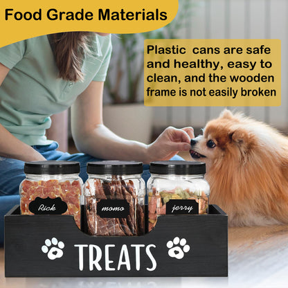 Dog Treat Container with 3 Plastic Dog Treat Jar, Dog Food Storage Container with Wooden Stand, Airtight Pet Food Storage Containers for Dogs and Cats, Dog Snacks Treat Organizer for Kitchen Counter