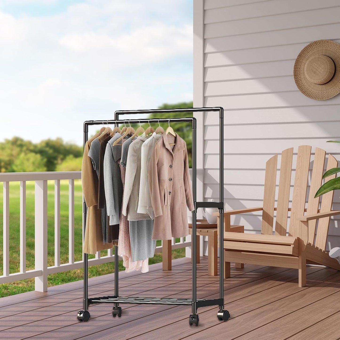 Double Rail Clothes Rack, Domaci Coat and Shoe Rack Entryway Hall Tree, Heavy Duty Clothes Drying Rack, Metal Double Rod Clothing Garment Rack Coat Rail Black