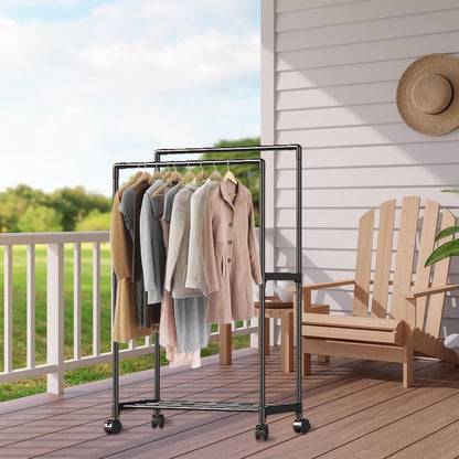 Double Rail Clothes Rack, Domaci Coat and Shoe Rack Entryway Hall Tree, Heavy Duty Clothes Drying Rack, Metal Double Rod Clothing Garment Rack Coat Rail Black