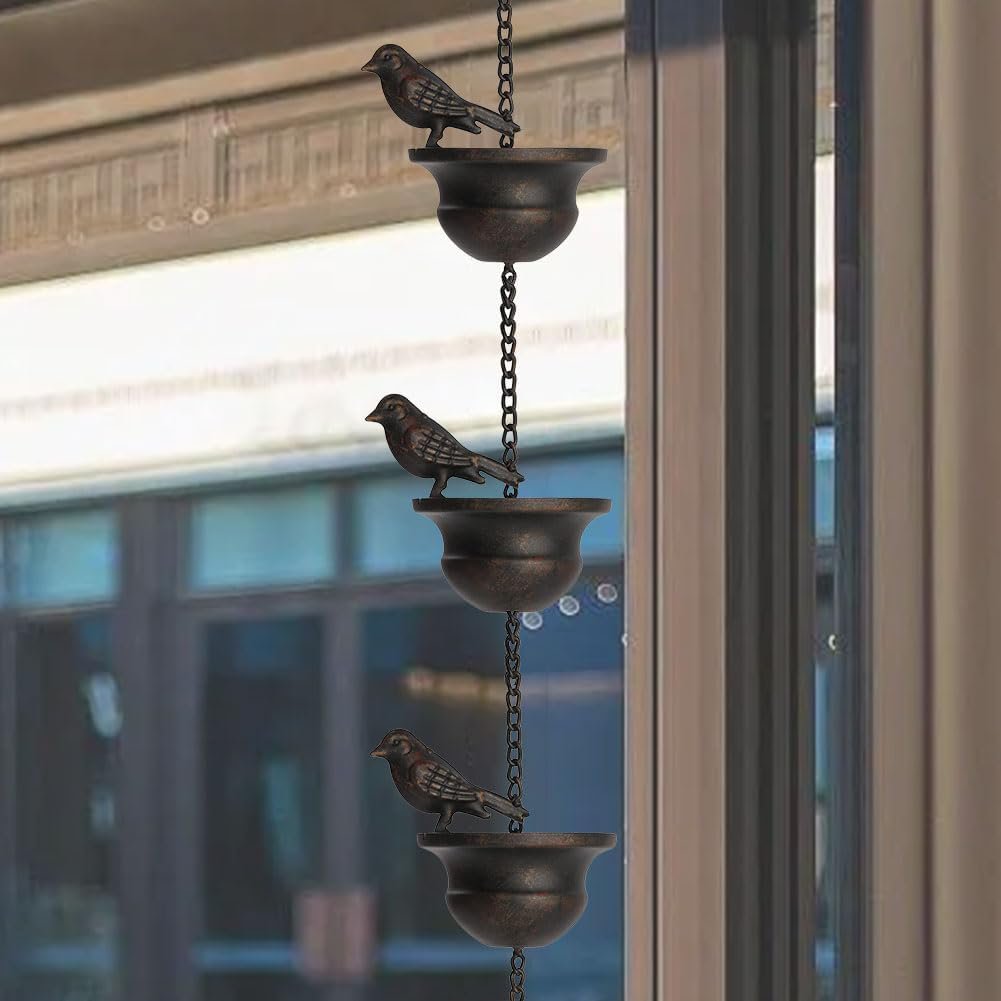 8 Feet Birds on Cup Mobile Rain Chain Mobile Bronze Decorative Bird Rain Chain Replacement Downspout Drainage Rain Chain 8 Birds Cups for Outdoor Courtyard Garden