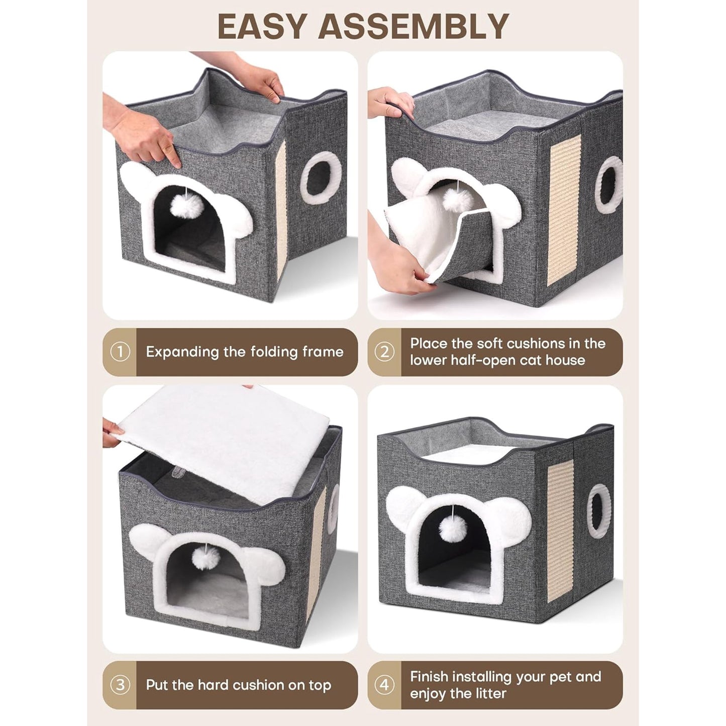 Cat Houses for Indoor Cats,Large Cat Cave with Fluffy Ball and Scratch Pad, Covered Cat Bed House, Foldable Cat Hideaway, 15.8”x15.8”x15.2”