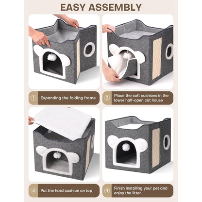Cat Houses for Indoor Cats,Large Cat Cave with Fluffy Ball and Scratch Pad, Covered Cat Bed House, Foldable Cat Hideaway, 15.8”x15.8”x15.2”