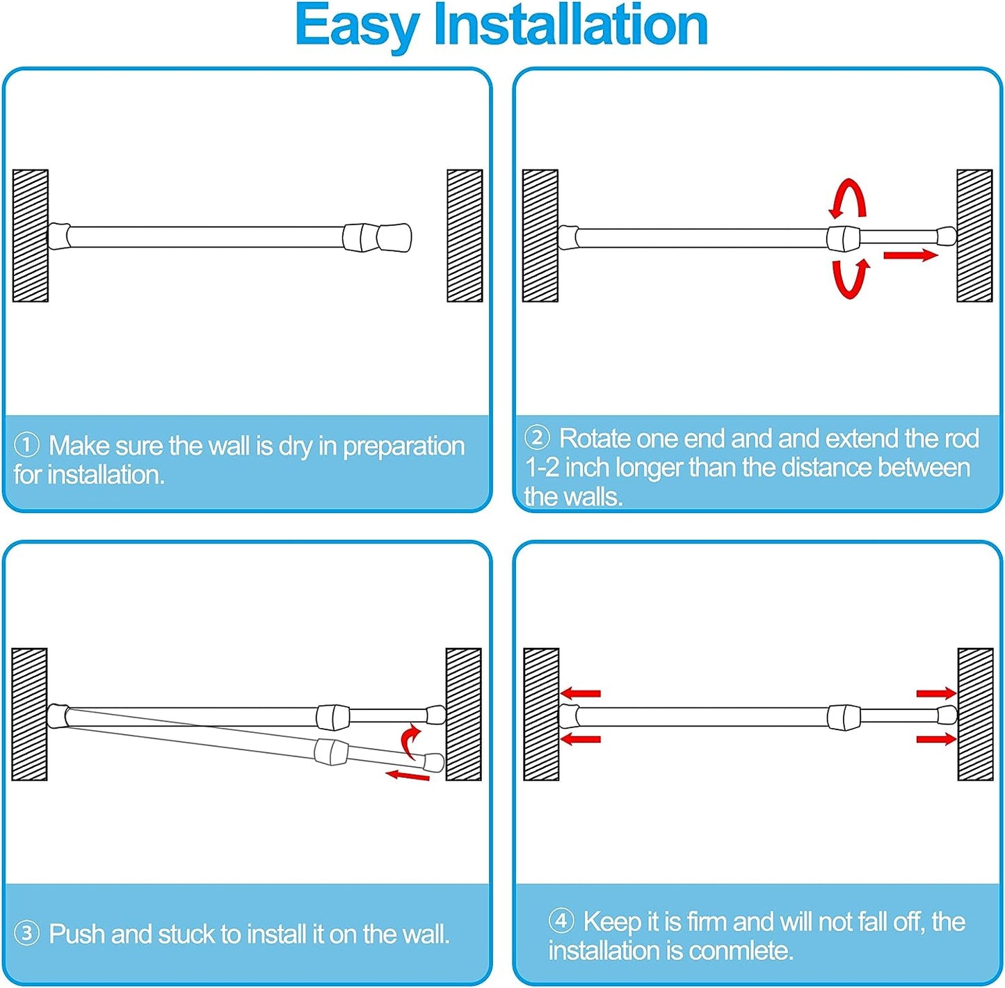6 Pcs Spring Tension Curtain Rod, 28"-48" Adjustable Curtain Rods No Drilling Tension Rods for Windows 28 to 48 inch Bathroom Wardrobe Closet, White