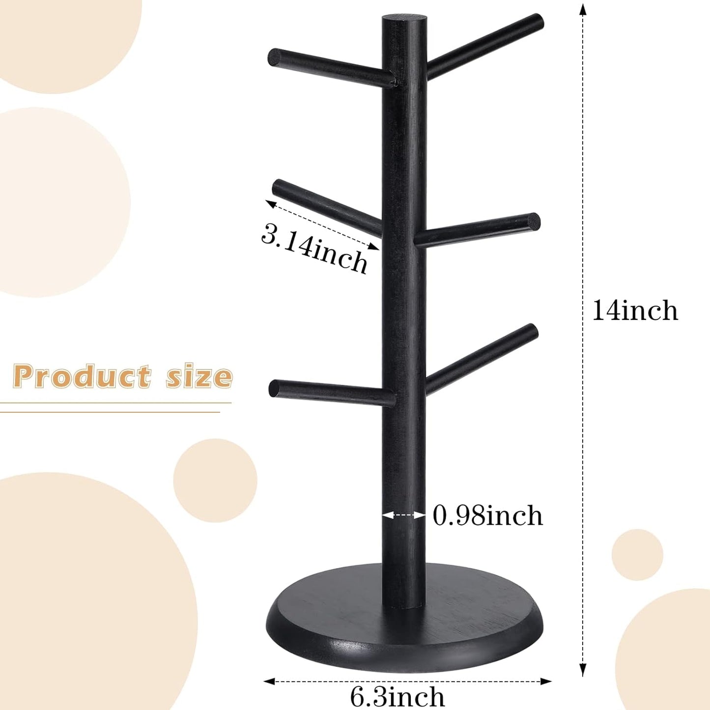 14 Inch Coffee Mug Tree Mug Holder Tree Coffee Mug Rack Cup Holder for Counter with 6 Hooks Removable Mug Stands (Black)