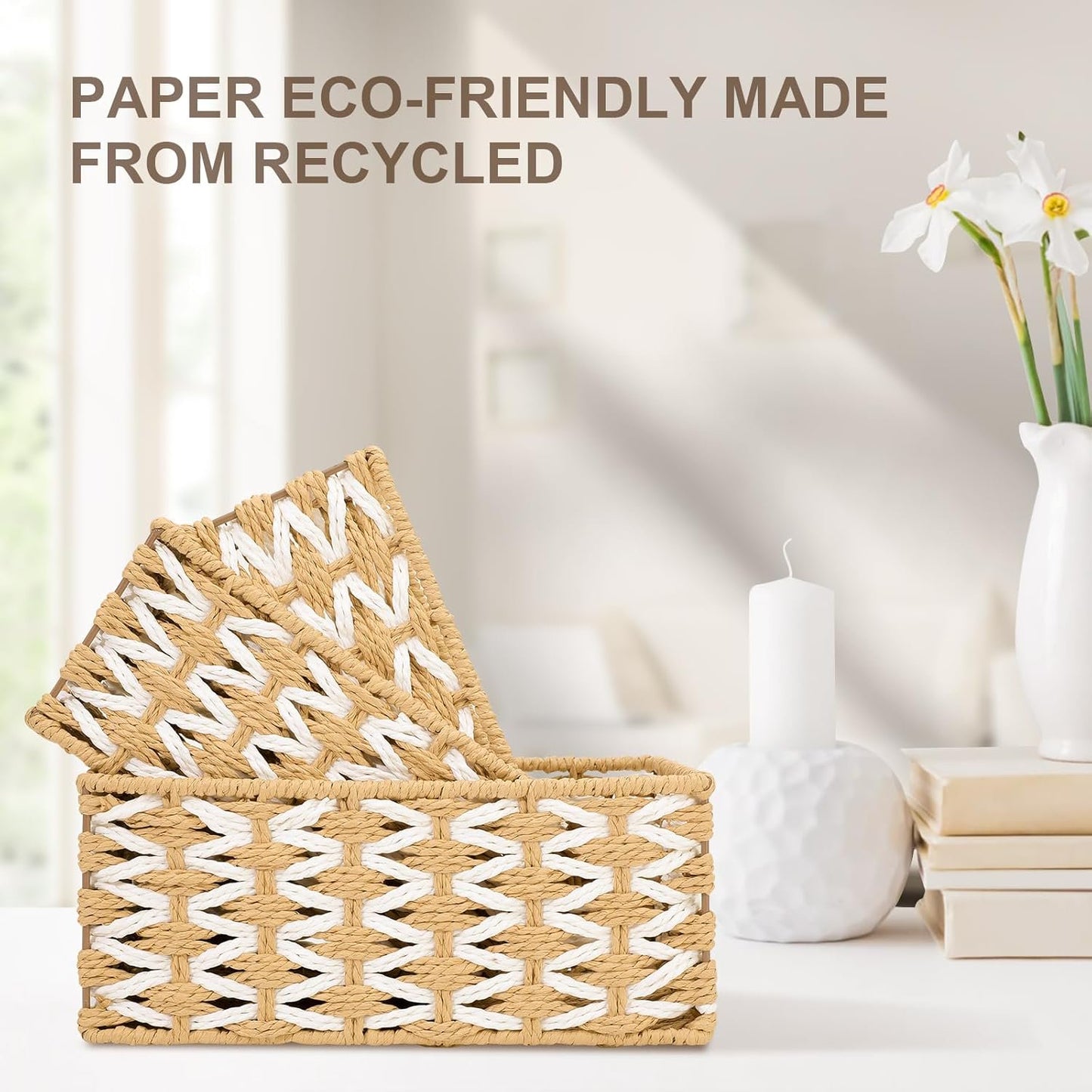 Wicker Basket Set of 3, Seagrass Storage Baskets for Shelves with Iron Wire Frame,Woven Baskets for Storage,Wicker Storage Basket for Bathroom, Bedroom, Laundry, Pantry, Shelves