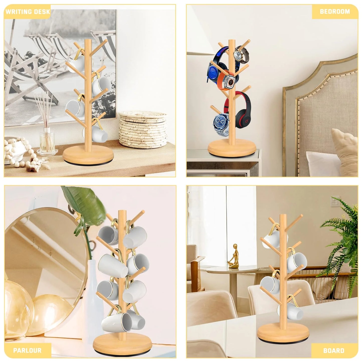 Mug Holder Tree, Domaci 360° Rotated 8 Hooks Coffee Cup Holder for Counter,Wood Coffee Mug Rack Standing for Coffee Bar Accessories and Kitchen Home Organizer (Natural)