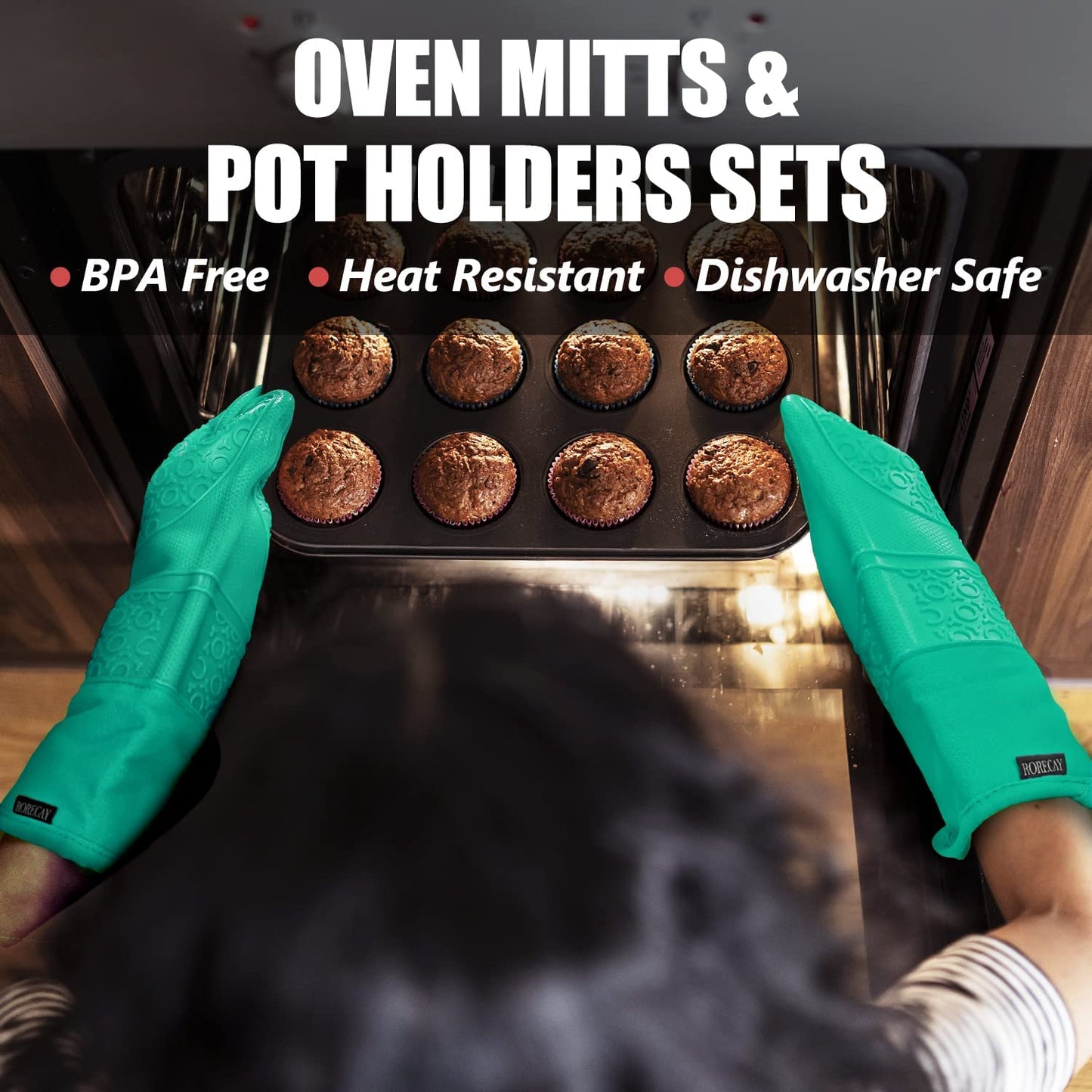 Extra Long Oven Mitts and Pot Holders Sets, RORECAY Heat Resistant Silicone Oven Mittens with Mini Oven Gloves and Hot Pads Potholders for Kitchen Baking Cooking, Quilted Liner, Green, Pack of 6