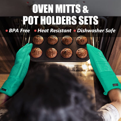 Extra Long Oven Mitts and Pot Holders Sets, RORECAY Heat Resistant Silicone Oven Mittens with Mini Oven Gloves and Hot Pads Potholders for Kitchen Baking Cooking, Quilted Liner, Green, Pack of 6