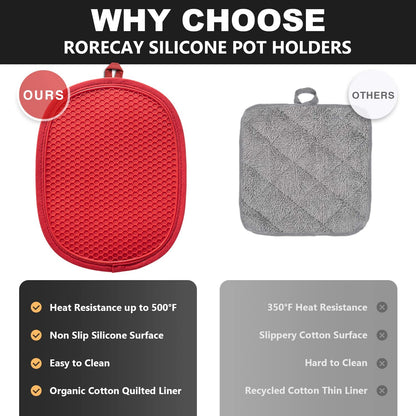 Rorecay Silicone Pot Holders Sets: Heat Resistant Oven Hot Pads with Pockets Non Slip Grip Large Potholders for Kitchen Baking Cooking | Quilted Liner | 9.8 x 7.6 Inches (Red, 2)